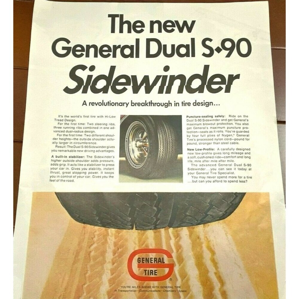Vintage 60s Print Ad General Tire Dual S-90 Sidewinder Automotive Retro